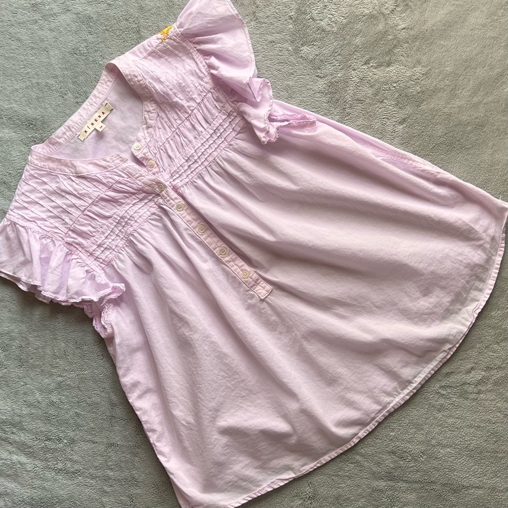 Xirena Luna Cotton Poplin Ruffle Sleeve Button Front Embroidered Top Baby Pink